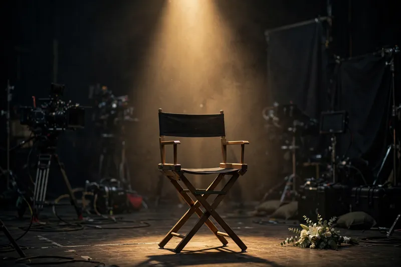 An empty director's chair under a spotlight on a dark film set