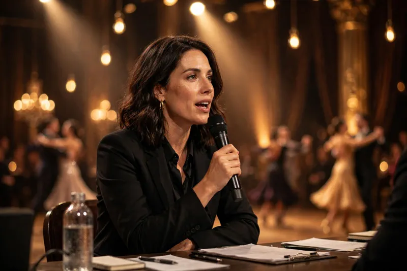 A judge speaking at the judges' table during a televised ballroom dance competition