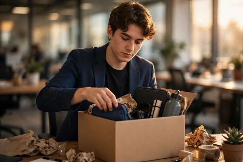 Worker packing desk into a cardboard box on their last day at a job