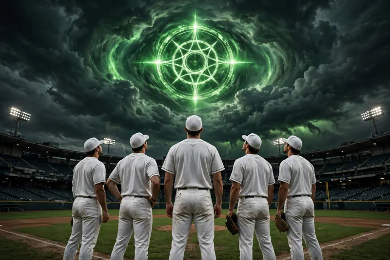 Baseball players seen from behind on the field looking up at a green storm sky with a glowing emblem, echoing Marvel's Avengers Doomsday World Series teaser