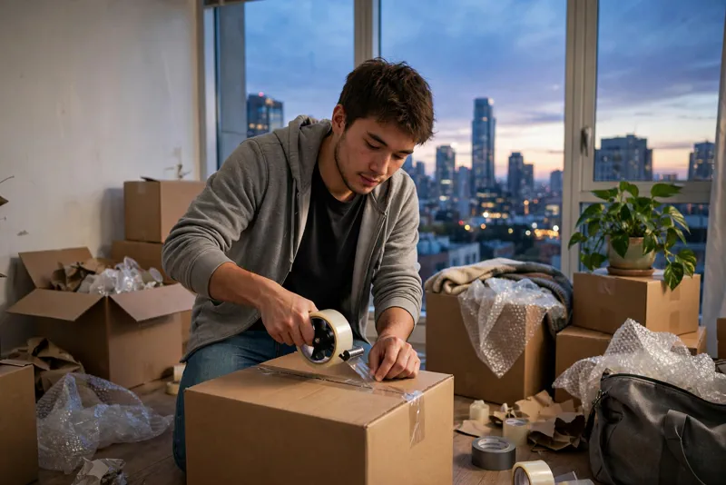 Young entrepreneur taping moving boxes in a half-packed apartment, reconsidering a move to San Francisco