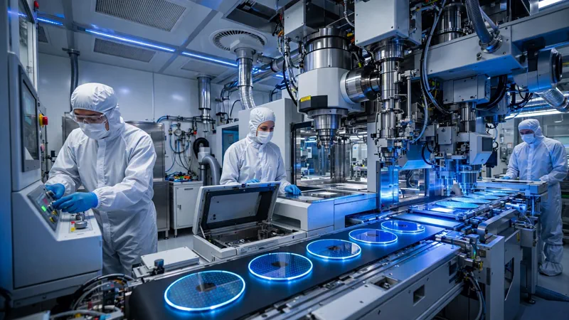 Engineers in a TSMC semiconductor fabrication clean room working with advanced chip-making equipment