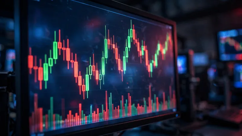 Stock market candlestick chart on a trading floor monitor