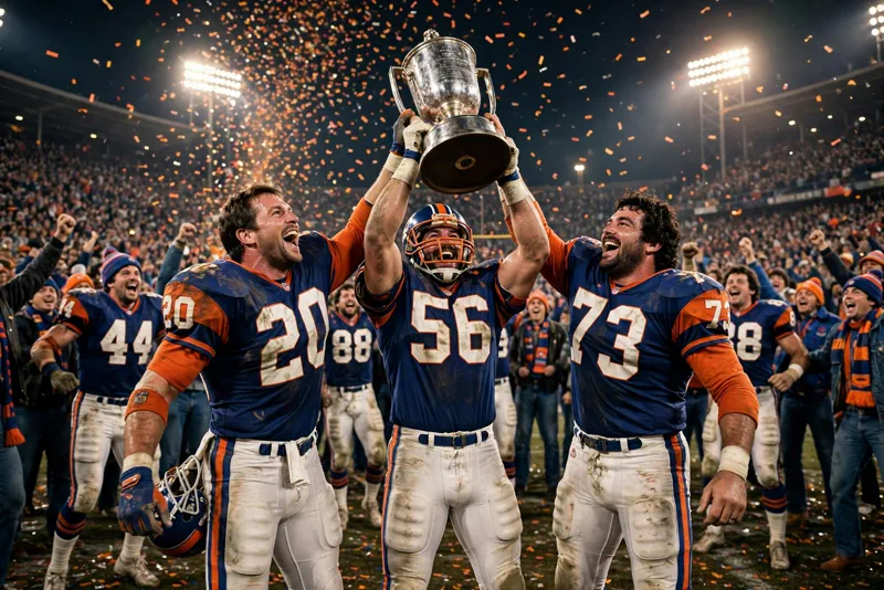 Confetti falling as the 1985 Chicago Bears celebrate a Super Bowl championship under stadium lights