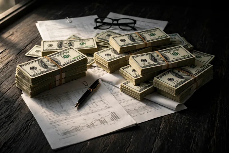 Stacks of dollar bills and federal budget documents on a desk representing the record US budget deficit
