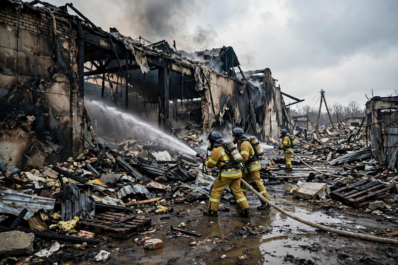 Firefighters working at the site of a McDonald's warehouse hit by a Russian drone strike in the Kyiv region, Ukraine