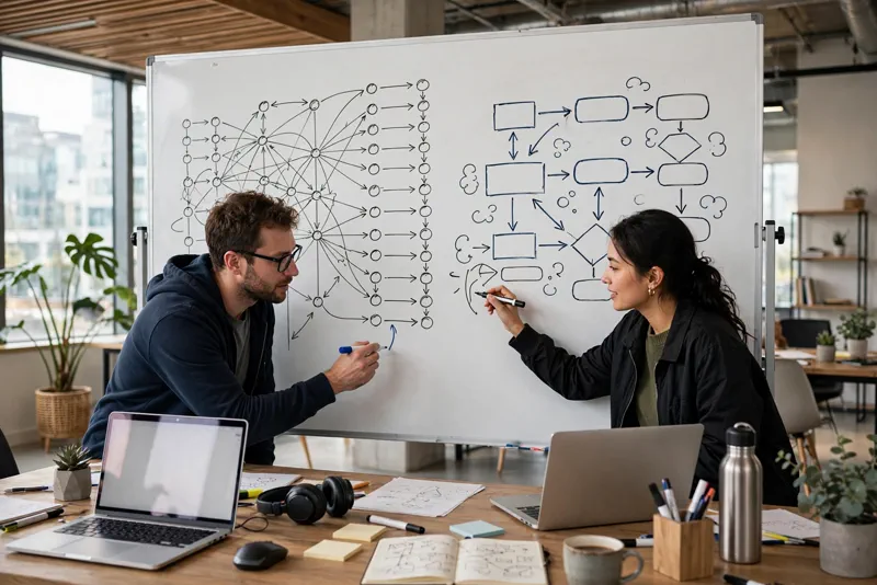 Two software engineers sketching chatbot diagrams on a whiteboard in a startup office