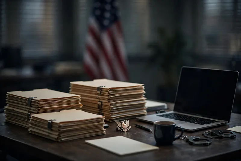 FBI investigator's desk with case files, laptop, and American flag