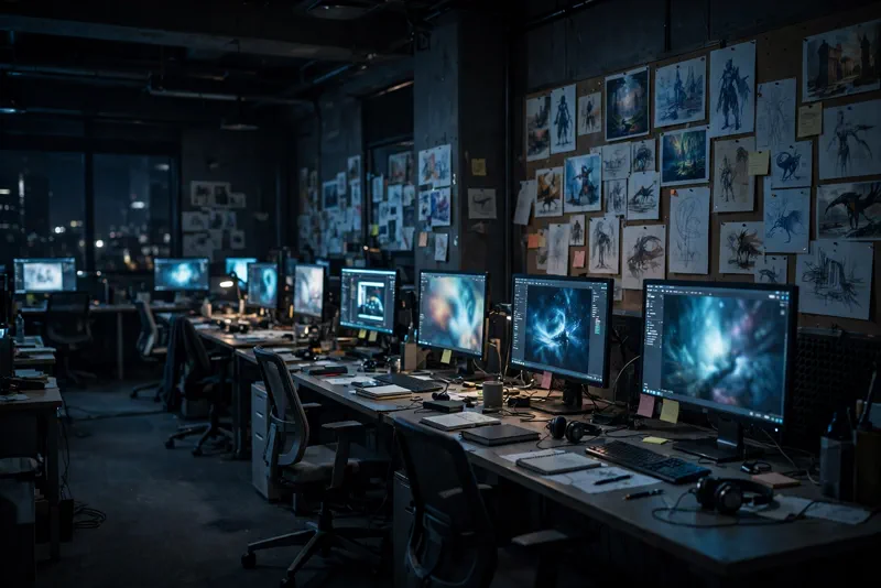 Empty video game studio office at night, after EA announced the BioWare shutdown