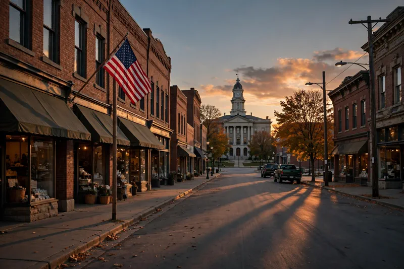 Quiet main street of a small Midwestern town at dusk, Connersville Indiana, the setting of Jaime Westโs viral TV interview