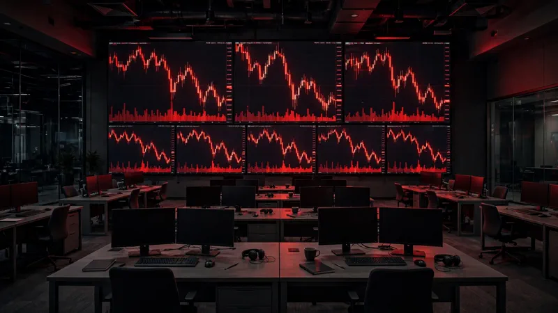 Trading room wall screens showing plunging red stock charts and falling market data
