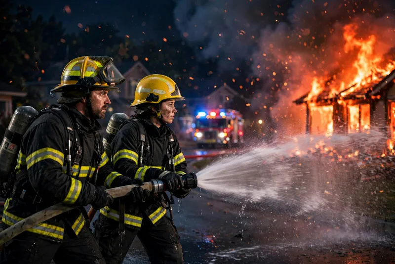 Firefighters aiming a hose stream at a burning suburban home during the Norte Fire at night