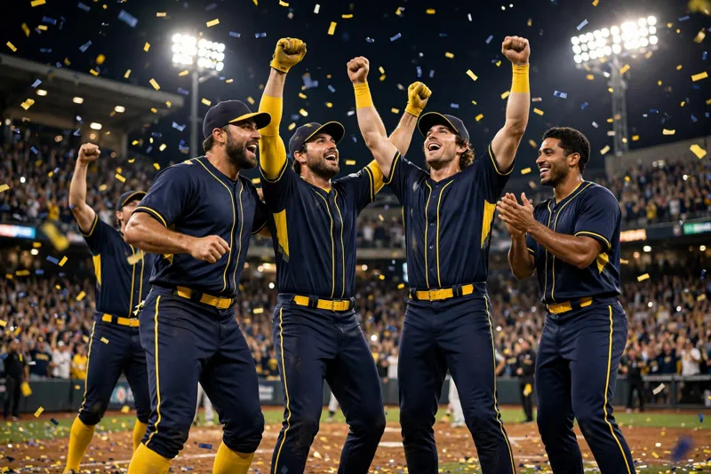 Milwaukee Brewers players celebrating a playoff win during the NLCS