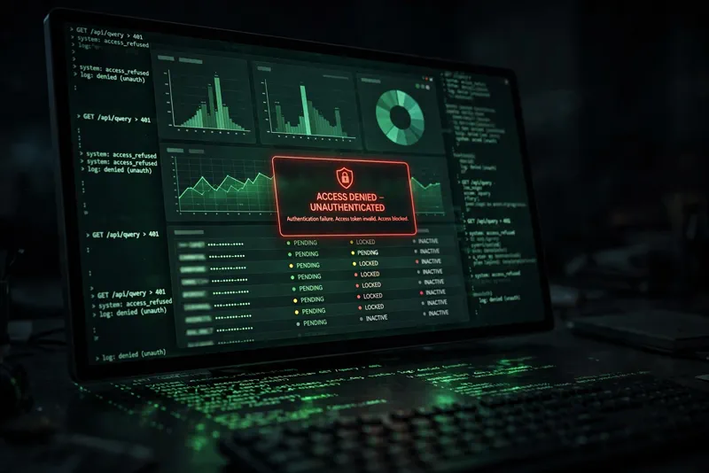 Computer monitor in a dark office displaying a government statistics database with an access denied warning on screen, representing the stolen hospital-bed data