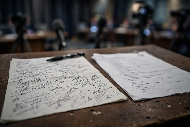 Close-up of briefing notes and a name list on the press briefing podium