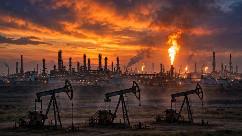 Oil refinery at dusk as rising crude prices pressure gold lower