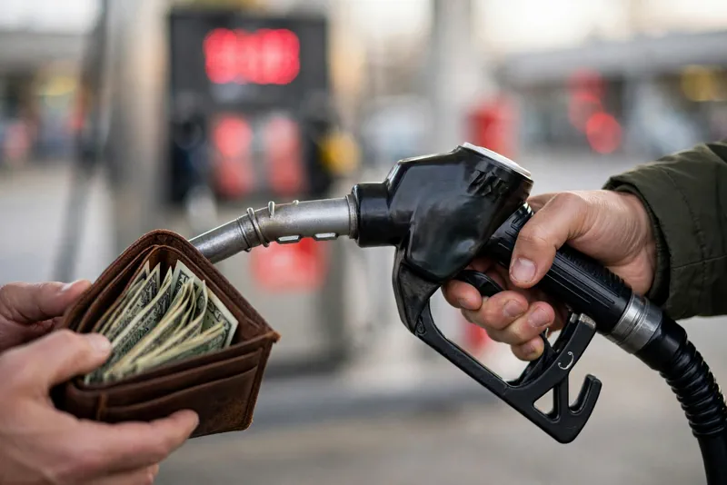 Hand holding gas pump nozzle with wallet as fuel prices hit record highs