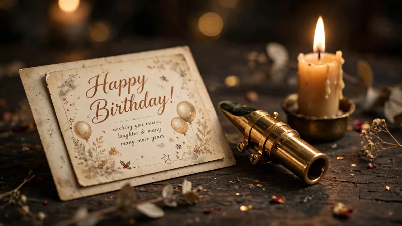 Vintage birthday card beside a golden saxophone mouthpiece in warm candlelight