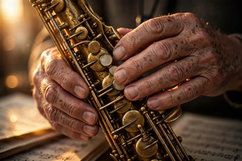 Close-up of elderly hands holding a golden saxophone with sheet music softly blurred behind