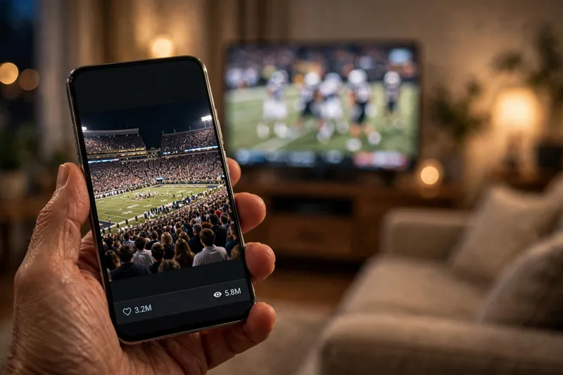 Smartphone showing a viral social media post of a college football crowd with millions of views