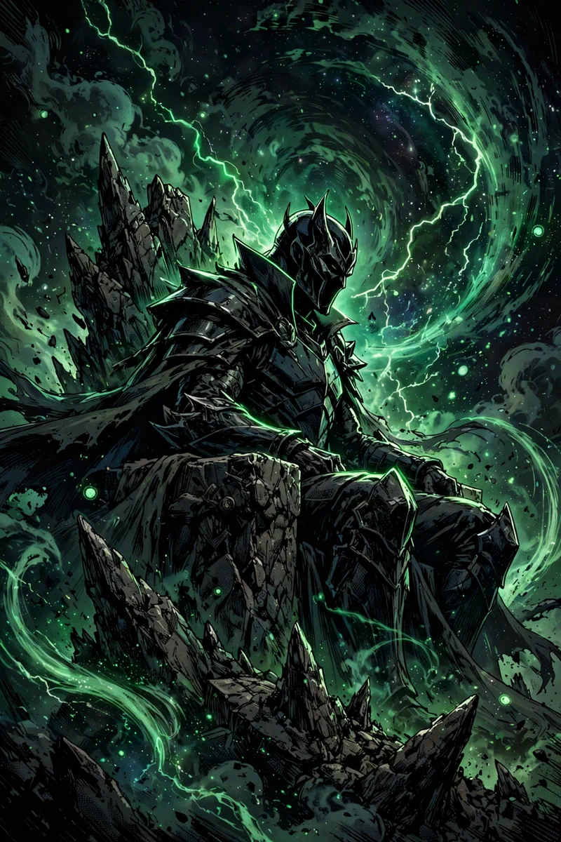 An armored masked villain silhouette on a jagged stone throne surrounded by swirling emerald cosmic energy, evoking Robert Downey Jr.'s Doctor Doom