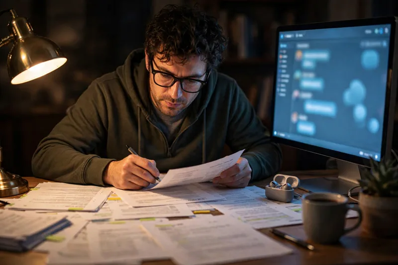 Person reviewing long documents at a desk with an AI chat window on screen