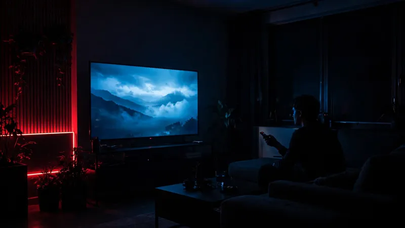 Person watching television alone in a dark living room at night
