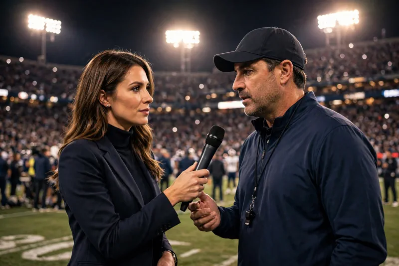 Female sports TV host interviewing a football coach on the field during a prime-time pregame segment