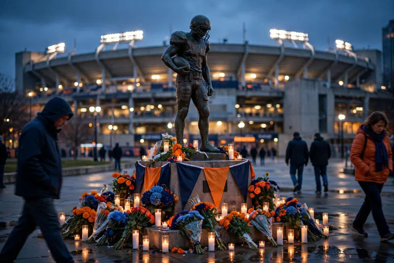 Flowers and candles laid by fans at a memorial outside a Chicago football stadium at dusk