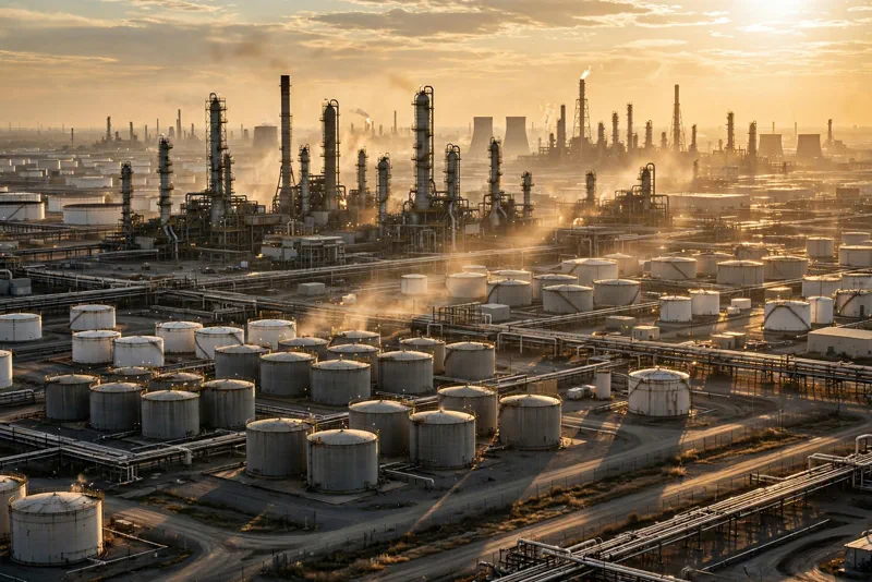 A sprawling oil refinery at golden hour, representing the energy revenues at the center of the Russia sanctions fight.