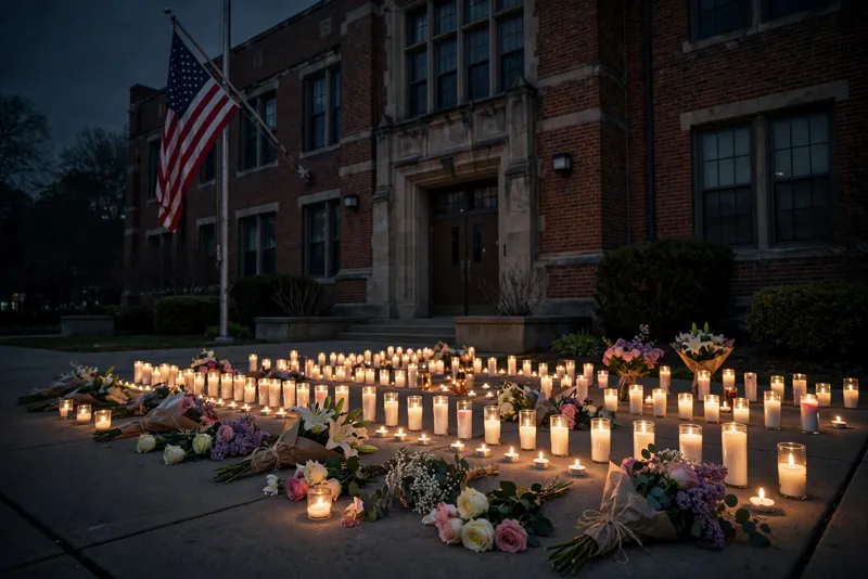 A candlelight vigil with candles and flowers outside a school at night