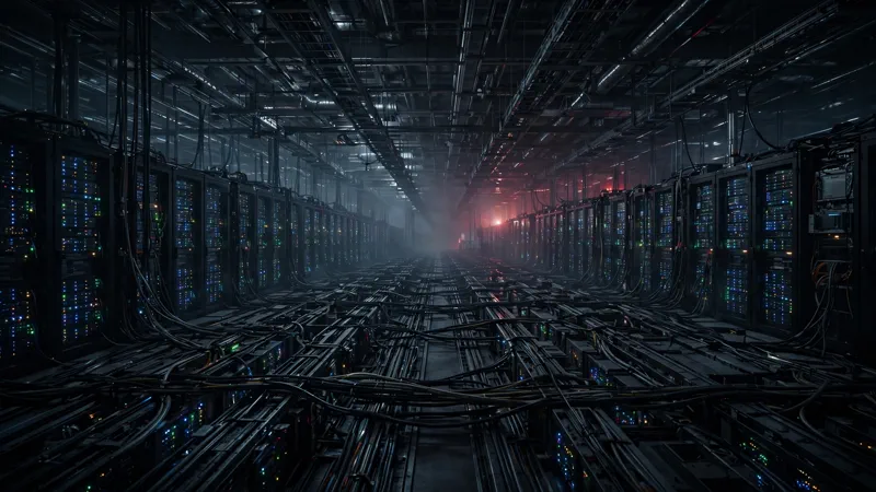 A dark AI data center with rows of server racks lit by a red alarm glow