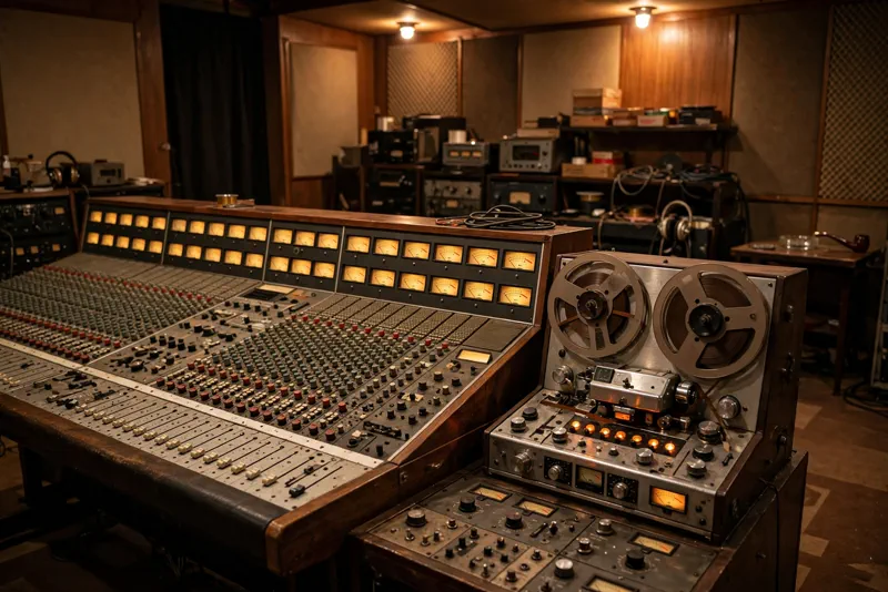 Vintage 1960s analog recording studio mixing console and reel-to-reel tape machine