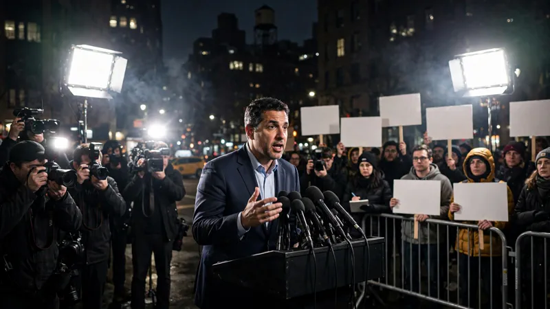 Nighttime press conference in New York City with media cameras and protesters