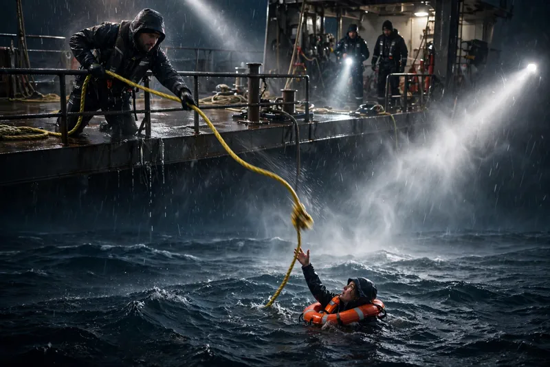 Rope thrown from a ship toward a person in an orange life ring during a night rescue at sea