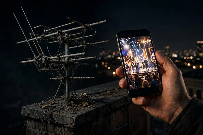A vintage rooftop TV antenna beside a hand streaming an awards show on a smartphone