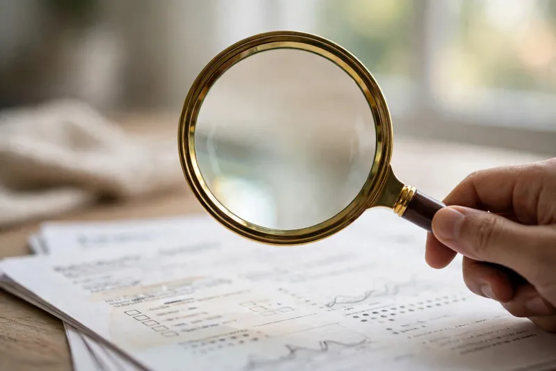 Magnifying glass held over retirement account paperwork highlighting fee charges