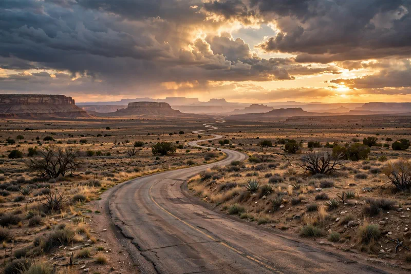 New Mexico desert landscape at golden hour with a winding road