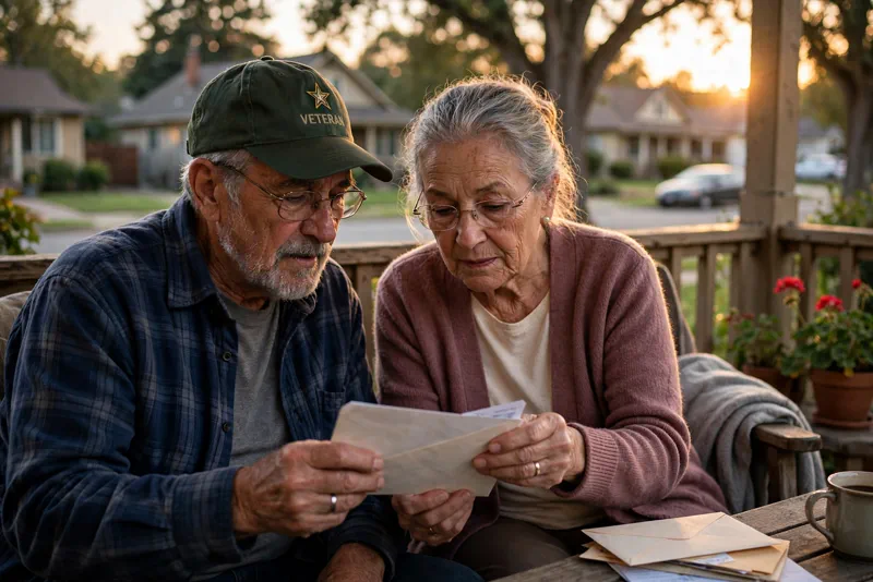 Veteran checking a bank deposit notification on a phone in late December