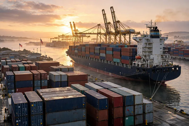 Container cargo ship and stacked shipping containers at a US port, representing tariffs and trade revenue