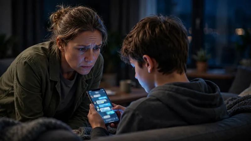 A worried parent looking over a teenager's shoulder at a chat app on a phone