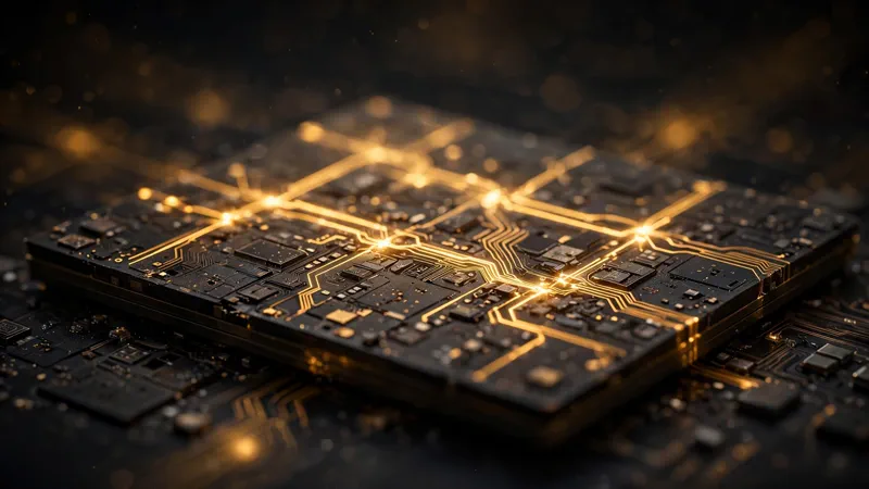 Close-up of an advanced AI microchip with glowing circuitry
