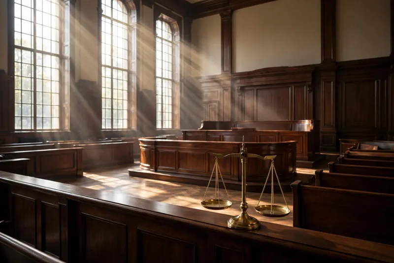 Empty federal courtroom with judge's bench and scales of justice