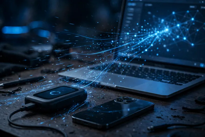 Cryptocurrency hardware wallet and smartphone beside a laptop showing a glowing digital wallet interface on a dark desk