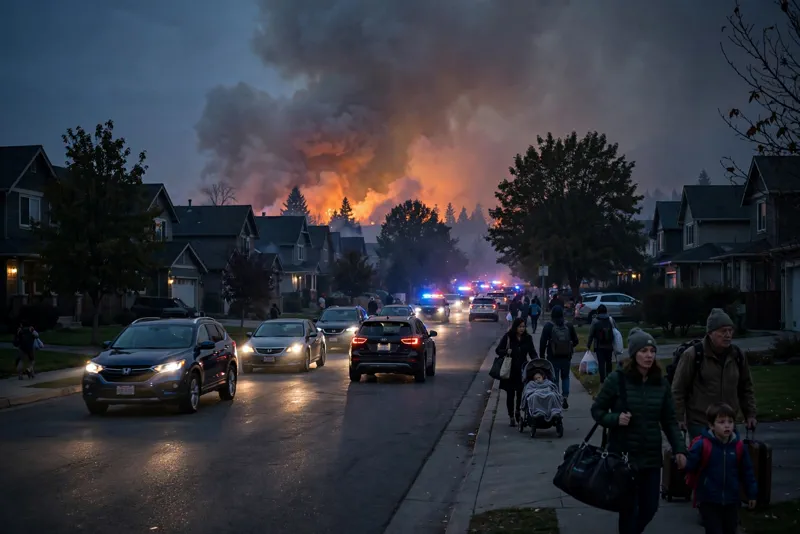 Cars evacuating a dark suburban street at dusk as a wildfire glow burns over the rooftops ahead