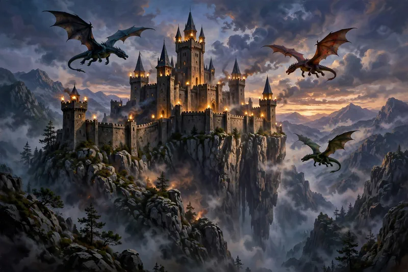 Torch-lit fantasy citadel on a mountain cliff, evoking BioWare's Dragon Age series