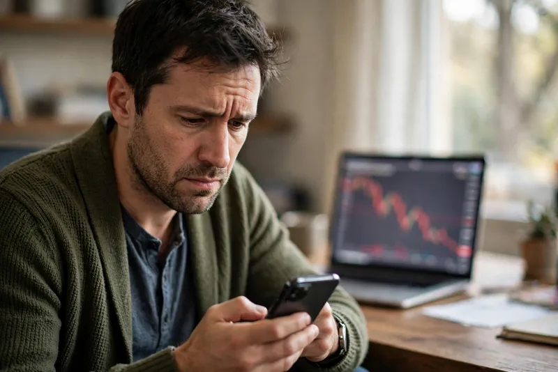 Investor checking a phone as gold prices fall