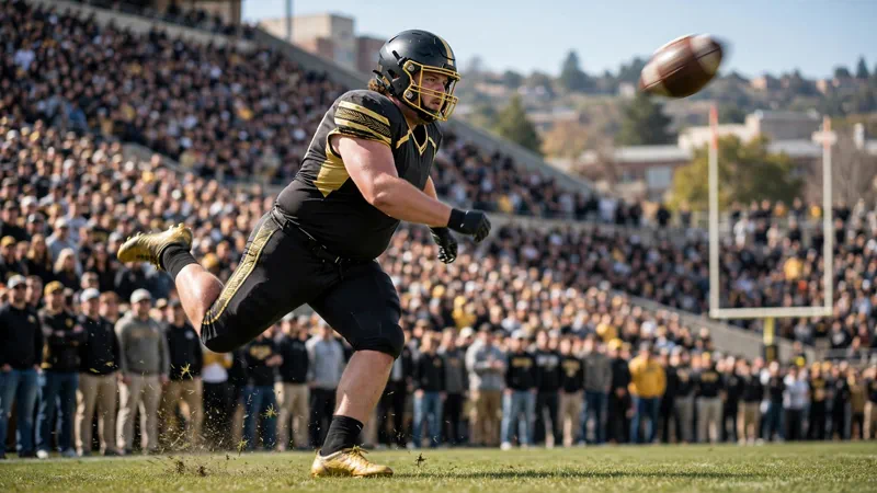 Harrison Mevis kicks for Missouri in black and gold under stadium lights