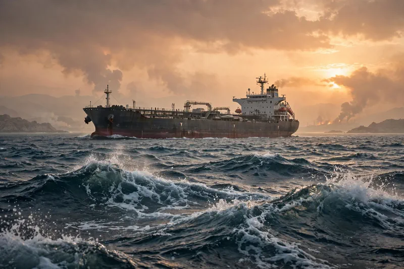 Oil tanker in the Strait of Hormuz at sunset during the 2026 supply shock