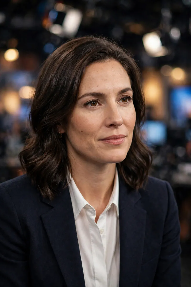 Katie Zacharia profile portrait style editorial photo of a professional woman in a cable news studio